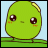 Green rounded character with yellow top, brown eyes, and red cheeks stands on green grass against light blue background; text "PLEASE DON'T EAT YOUR PEAS" appears in pixelated font.