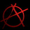 Red anarchy symbol with crossed lines animating through multiple rotation states on black background.