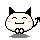 A 4-frame pixel art contact sheet of a white devil cat mascot with black ears, pink cheeks, and a tail across four distinct poses on gray background.
