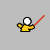 Pixelated character in yellow outfit with white head wields red lightsaber, performs motion sequence against gray background.