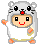 Pixel art character in hamster costume with white body, gray ears and stripes, red mouth, black eyes, orange hands/feet, green accents on sleeves. Two side-by-side frames show identical pose.