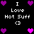 Pixel art icon with black background displaying 'I Love Hot Suff <3' text and purple/pink hearts in two alternating states.
