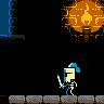 Pixel art scene with multiple characters: a blue-clad figure, green bird-like creature, and cactus character on platforms above a large pink energy sphere.