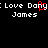 Pixelated text displays 'Love Dany: Love Dany James' with red pixelation on the letter 'y', split into two identical halves against a black background.