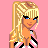 Pixel art contact sheet showing three frames of a blonde female character in different poses with text labels on pink background.