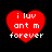 Four red heart-shaped icons with white pixelated text reading "i luv ant m forever" on a black background, two appearing slightly blurred.