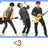 Three pixelated figures in dark clothing play electric guitars against a white background with blue borders; a small brown circular symbol appears below.