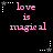 Pixelated pink text 'love is magical' on black background with white and gray star icons in four corners, each corner alternating between two states.