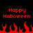 Red pixelated text 'Happy Halloween' appears twice on a black background above red flame shapes.