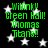 Green text on black background with white stars, displaying repeated phrases 'Willink! Green Hall! Thomas Tibang!' in pixelated font.