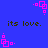 Blue background with pink square-based icons and repeated "its love." text in dark brown pixelated font.