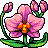 Pixelated pink orchid with purple accents and orange-yellow center, green stems, and buds on gray background.