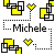 Pixelated icon with yellow and black geometric shapes surrounding a dotted heart, enclosing the name 'Michele' in pixel font.
