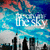 Pixelated sky scene with blue and pink clouds, silhouetted figures, and white text reading 'The Sky' over a cityscape.