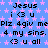 Blue background with pink stars, repeated text 'Jesus i<3 u Plz 4giv me4 my sins. 4 u all' in black pixelated font.
