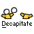 A static contact sheet showing two identical frames of a pixelated yellow cartoon character with white circular eyes and an open mouth, next to the text "Decapitate" in black and red on a gray background.