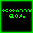 Four identical pixelated green icons with black backgrounds display '0000WWWW' above 'GLOWY', each bordered by a bright green frame.
