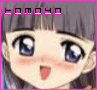 Anime-style girl face with purple eyes and pink cheeks, mouth open in a small 'o' shape, gray hair with bangs, text above reads "tomoyo".