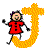Four pixelated frames of a character in a red outfit interacting with a large yellow J-shaped object against a white background.