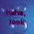 Blue background with translucent bubbles and pixelated text reading "haha, look" in purple letters.