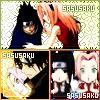 Pixelated anime-style icon featuring two characters in a close embrace, with text overlays reading 'SASUSAKU' and 'SASUSAKU' on a light background.