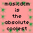 Static image with pink background and green pixelated pattern displaying repeated text "musicdm is the absolute coolest" in black block letters.