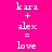Pixelated text on bright pink background shows 'kara + alex = love' with a red heart symbol above the plus sign.