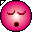 Pixelated pink circular face with closed eyes and open mouth, showing animation changes in eye details across frames.