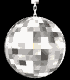 Four vertical of silver disco balls with reflective mirror facets, each showing a different frame of rotation against a black background