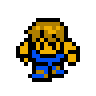 Pixel art character with brown hair and blue overalls, shown in two side-by-side poses against a white background.