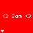 Red background with repeated white 'Sam' text and heart symbols in varying vertical stacks across three