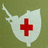 A pixelated white shield shape with a red cross centered on it, set against a green background.