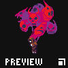 Pixel art of a small figure holding a large, fiery red and purple skull-headed creature against a black background with "PREVIEW" text below.