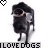 Animated sequence of a black dog walking with 'LOVEDOGS' text and heart symbols changing color between frames.