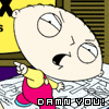 Animated cartoon character with large head, yellow shirt, red overalls points left while saying 'DAMN YOU!' in pixelated text.