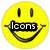 Yellow smiley face icon with black eyes and mouth, displaying text across the mouth in three sequential states: 'Icons', then 'for', then 'FREE!!!'.