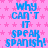 Blue text 'WHY CAN'T IT SPEAK SPANISH!' repeats across a pink star-patterned background with a gray rectangle in the bottom-right corner.