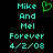 Pixelated cyan text on black background reads 'Mike And Mel Forever 4/2/08' with a green heart symbol above the right side of the text.