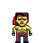 Pixelated character with yellow skin, black hair tied back by red headband, wearing gray pants with red side stripes and blue wristbands.