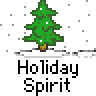 Animated holiday-themed buddy icon featuring a character in an orange outfit interacting with snow-covered pine trees and a red ornament against a gray snowy background.