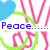 Animated icon with blue hearts, pink and green lines, and changing text: Peace... Love... Happiness.