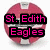 A circular red and white volleyball with pink text overlays reading "St. Edith Eagles," "Varsity Volleyball 2008," and "#6" in different views.
