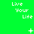 Green background with white pixelated text "Live Your Life" and changing symbols below each instance.
