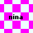A static image with four identical instances of the word 'nina' overlaid on a pink and white checkered background pattern.