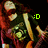 A pixelated image of a person with long red hair wearing a dark shirt, holding a guitar, with green text overlays changing across frames.
