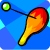 A 5-frame animated contact sheet showing a pixelated paddleball game with a flaming stick figure and green ball against a blue starry background.