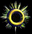 A circular yellow ring with blue inner glow surrounded by green and white spiky rays on black background, animated to pulse and shift.