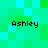 Four identical pixelated text labels reading 'Ashley' arranged in a on a green and cyan checkered background