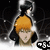 Animated icon of a character with orange hair and black clothing against dark background, showing subtle movement in the upper body.