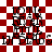 Red and white checkered background with black text and symbols arranged in four quadrants, showing pixelated animation effects.